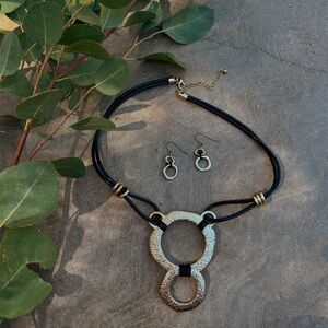 UNBRANDED | Hammered Gold Leather Cord Necklace & Earrings Set